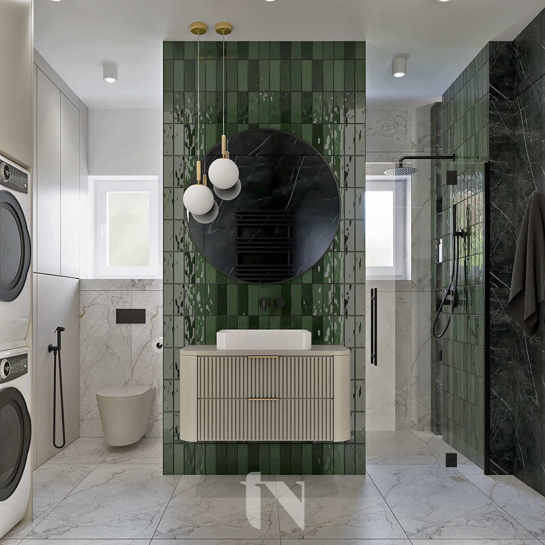 Projekt łazienki z butelkowymi kafelkami