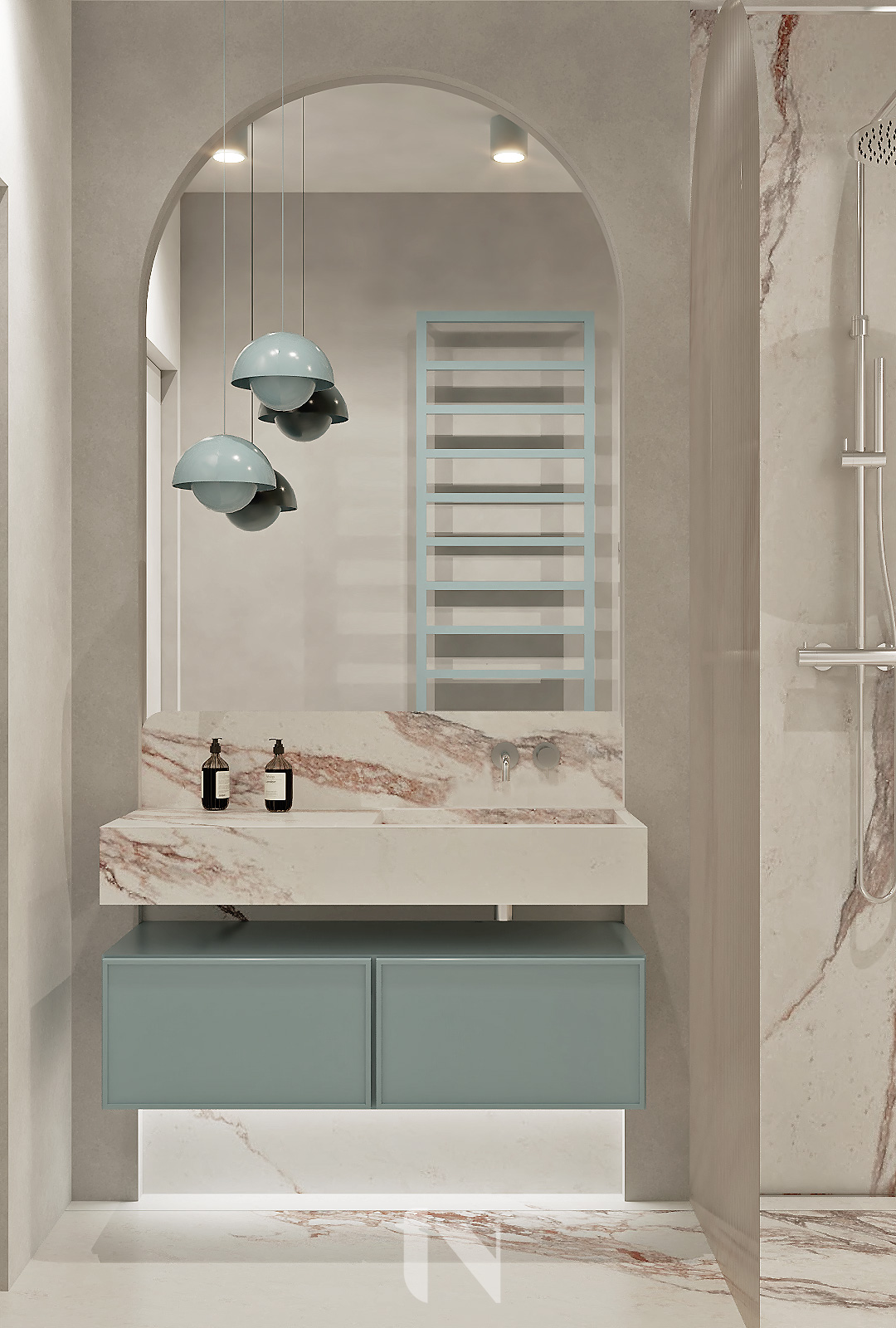 Projekt jasnej łazienki z błękitnymi akcentami