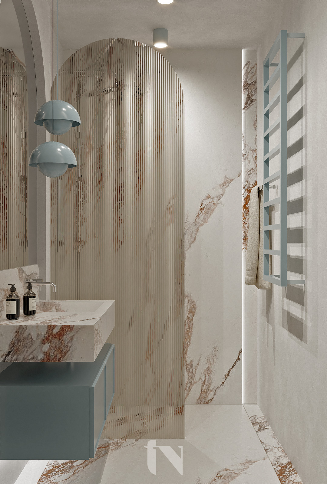 Projekt jasnej łazienki z ryflowaną szybą