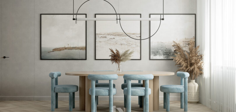 Projekt nowoczesnego salonu w błękicie