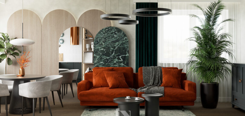 Projekt salonu z miedzianą kanapą