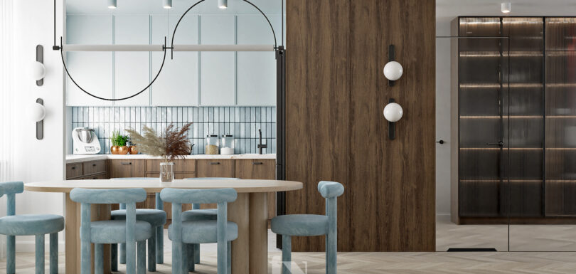 Projekt salonu z niebieskim akcentami