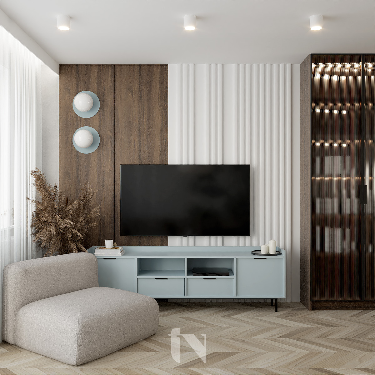 Projekt salonu z niebieskim dodatkami